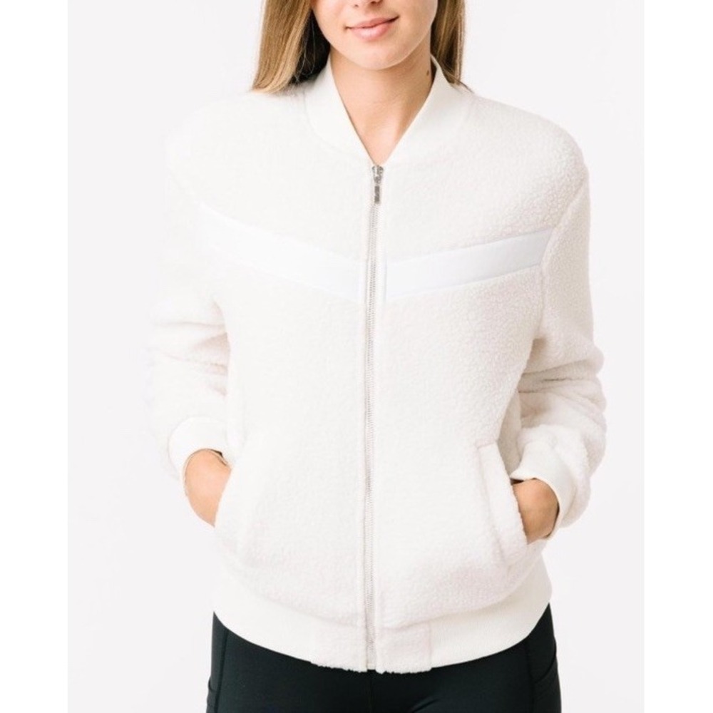 ZYIA ACTIVE NWT Ivory Flying V Sherpa Shearling Full Zip Bomber‎ Jacket Size XXL